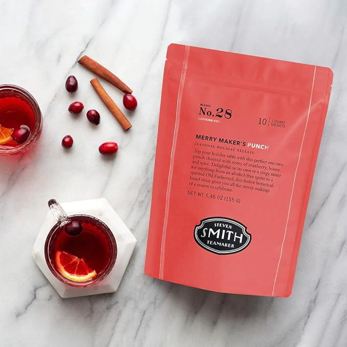 Smith Teamaker Merry Maker's Punch No. 28, Herbal Tea Blend, Drink Mixer, Caffeine-Free, Sugar-Free, Sustainably Grown, Organic Full Leaf Tea, 10 Count, 1 Quart Sachets