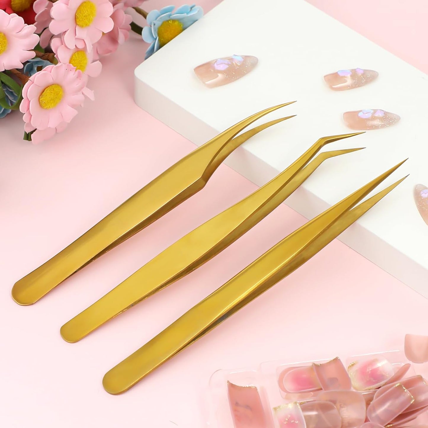 3 PCS Lash Tweezers for Eyelash Extensions, High Precision Gold Metal Tweezers Set Fiber Tip and Curved Isolation Tweezers Eyelash Extension Tools for Women Volume Lash, Crafting, Jewelry Making