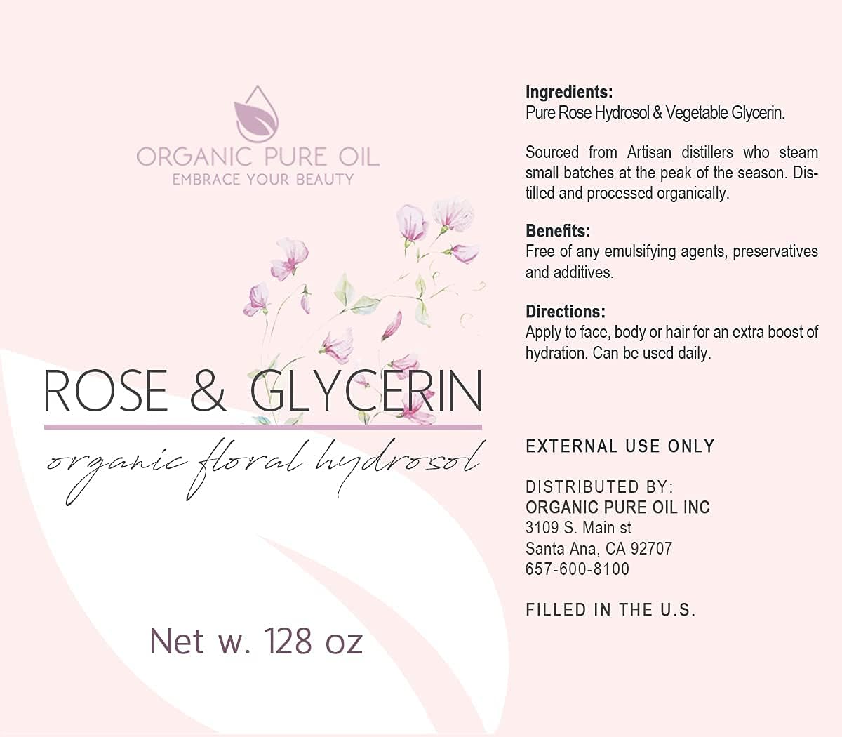 Rosewater Glycerin Mist Toner Bulk Spray Facial Body Floral Cleanser 100% Pure Rose Hydrosol and Vegetable Glycerine Moisturizing Cleansing Toning Mix for Face Skin Hair Body (128 Ounces / 1 Gallon)