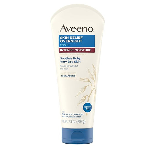 Aveeno Skin Relief Overnight Intense Moisture Cream with Triple Oat Complex & Natural Shea Butter, Therapeutic Dimethicone Skin Protectant for Dry Itchy Relief, Fragrance-Free, 7.3 oz, 3 Pack