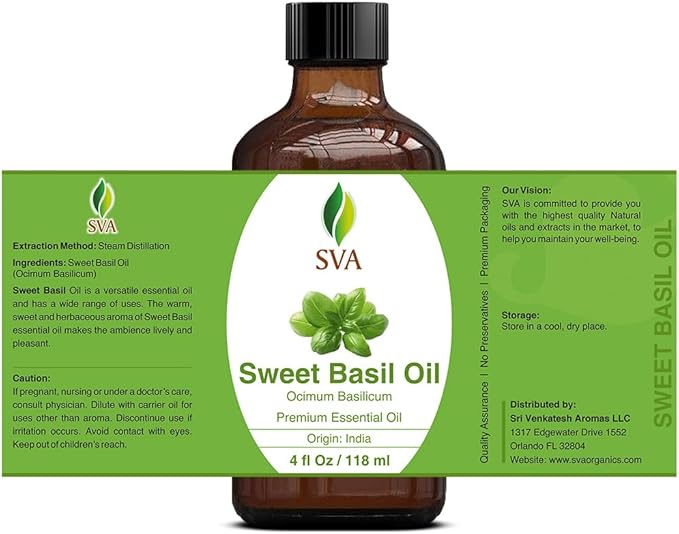 SVA Sweet Basil Essential Oil – 4 Fl Oz – 100% Natural Basil Oil - for Diffuser, Hair Care, Face, Skin Care, Aromatherapy, Scalp and Body Massage, Soap and Candle Making – with Dropper