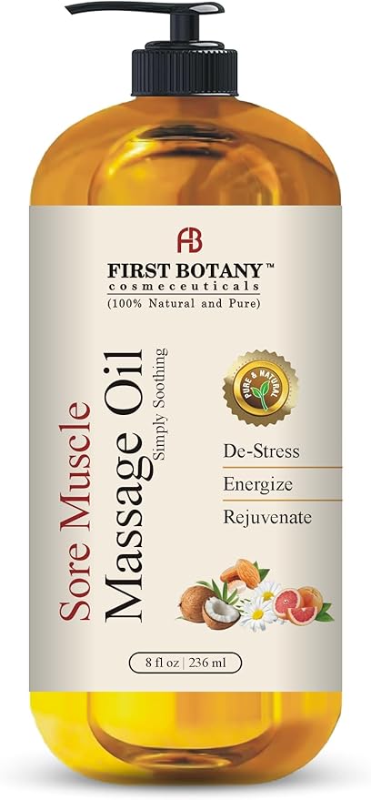 First Botany, Arnica Sore Muscle Massage Oil for Massage Therapy Natural Therapy Oil with Lavender, Mint, Chamomile Essential Oils, Collagen & Stem Cells, Therapeutic Oils for Body Massage Lotion 8oz