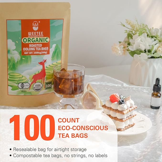WT WEETEE Organic Roasted Oolong Tea Bags, Organic Black Oolong Tea 100 Count, Charcoal-roasted Aroma, Smooth & Refreshing, Good for Meal Accompaniment