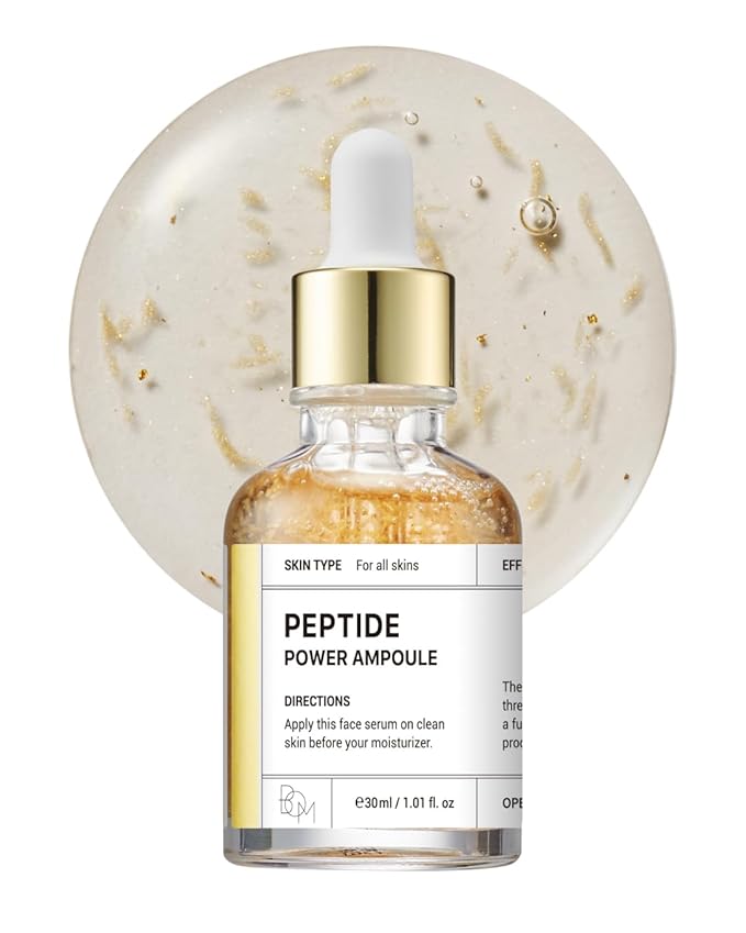 BOM COSMETICS Peptide Power Ampoule 1.01 Fl Oz, Penta-Peptide with 24k Gold Thread and 99% Pure Gold for Skin Collagen Boost, Firming Serum to Improve Elasticity and Radiance, Korean Skin Care