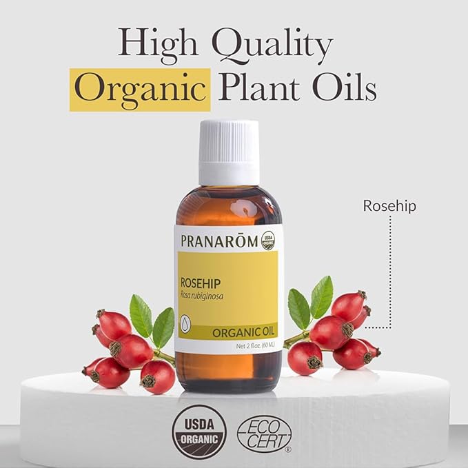 Pranarom - USDA Certified Organic Cold-Pressed Rosehip Virgin Plant Oil - 2 fl oz Glass Bottle - for Anti-Aging, Helps Acne Scar, Massaging, Face, Hair & Skin, Unisex