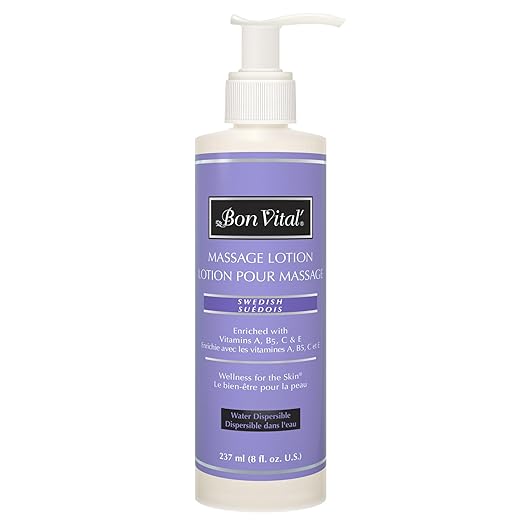 Bon Vital' Swedish Massage Lotion for Skin Tone Improvement, Dry Skin Repair, Increased Circulation, and Stress Relief, Great for Massage Therapists Who Perform Swedish and Sports Massages, 8 Oz