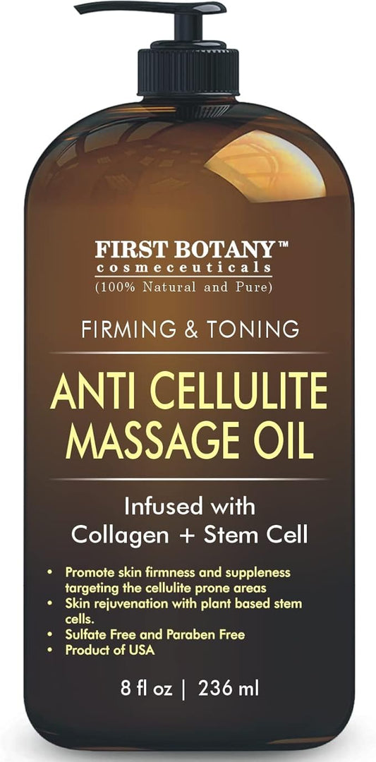 First Botany, Anti-Cellulite Massage Oil Infused with Collagen & Stem Cells - Natural Cellulite & Stretch Mark Treatment for Men & Women - 8 oz