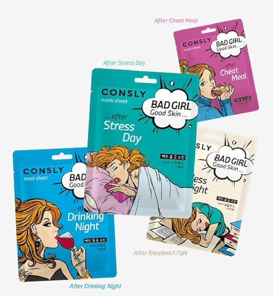 CONSLY_Bad Girl Good Skin Face Mask Set (4 pack), Hydrating and Revitalizing Mask Sheets for Tired, Stressed, and Dehydrated Skin, Bamboo Extract, Hyaluronic Acid, Snail Mucin, and Aloe