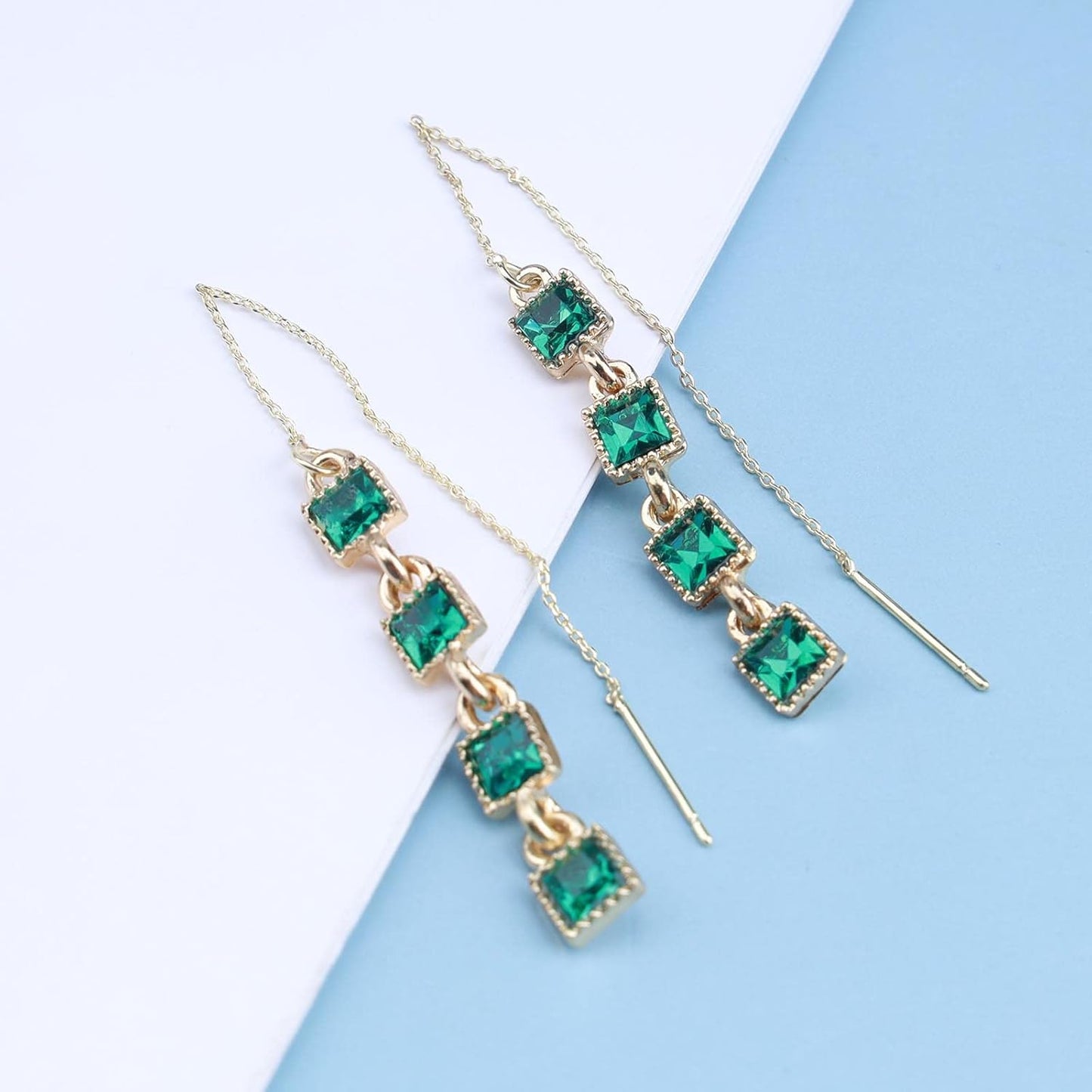 Vintage Crystal Emerald Threader Earrings Emerald Square Stud Earrings Long Chain Tassel Dangle Earrings Gold Bar Pull Through Earrings Jewelry for Women