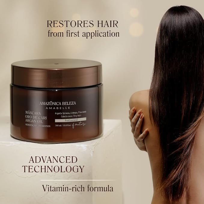 AMAZONICA BELEZA Oro de Cari Hair Mask, Intensive Hydration for Dry Hair with Argan Oil and Vitamin E, Professional Line, 10 Oz