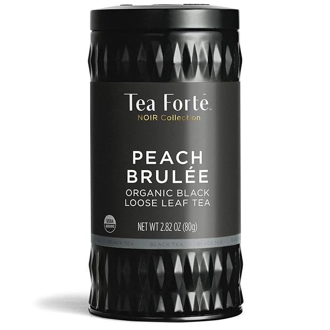 Tea Forte Peach Brulee Premium Organic Loose Leaf Caffeinated Black Tea Blend Canister, Makes 35-50 Cups, Tea Gifts for Mother's Day