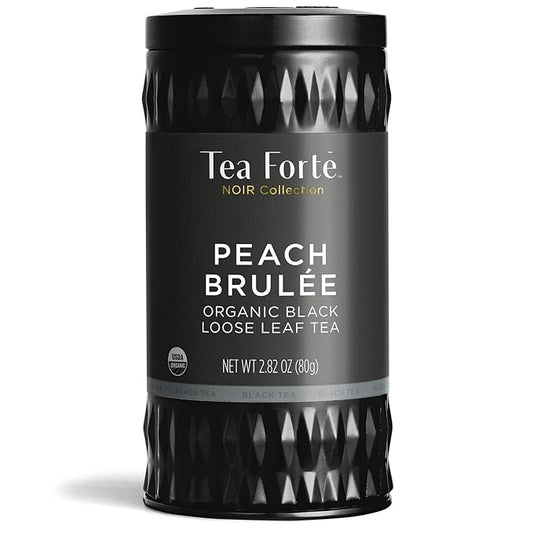 Tea Forte Peach Brulee Premium Organic Loose Leaf Caffeinated Black Tea Blend Canister, Makes 35-50 Cups, Tea Gifts for Mother's Day