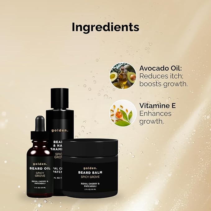 Golden Grooming Co. Everyday Beard Bundle – Complete Beard Care Set | Includes Beard Oil, Balm & Shampoo (Regular, Spicy Grove)