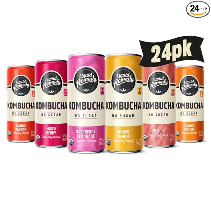 Liquid Remedy Kombucha Sugar Free Organic Drink, Low Calorie, Probiotic Like Tea for Gut Health - Super Sampler Variety Pack - 8.5 Fl Oz Can, 24-Pack