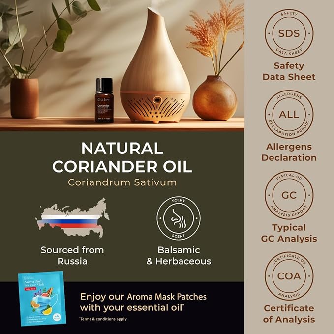 Gya Labs Coriander Essential Oil for Diffuser - 0.34 Fl Oz - 100% Pure Natural Coriander Oil for Skin, Aromatherapy, Skincare Massages & Candles Making - Sweet Spicy Scent DIY