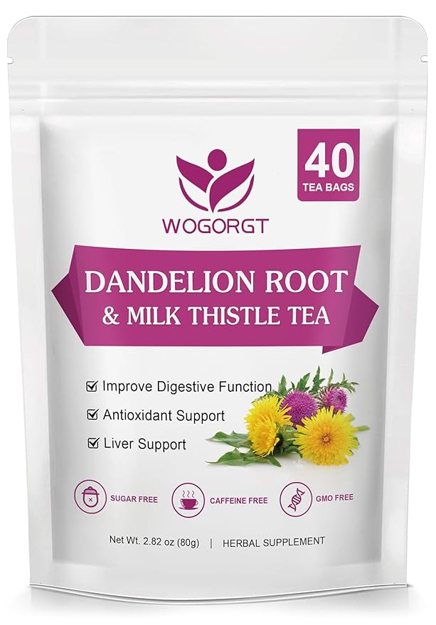 Dandelion Root with Milk Thistle Tea Bags - Natural Dried Dandelion Root and Milk Thistle Herbal Tea bags for Liver Cleanse, Antioxidant and Immune Support, Caffeine Free - 40 Tea Bags