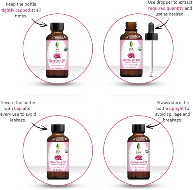 SVA Geranium Essential Oil Organic – 1 Fl Oz – 100% Natural Organic Geranium Oil - for Diffuser, Hair Care, Face, Skin Care, Aromatherapy, Scalp and Body Massage, Soap and Candle making – with Dropper