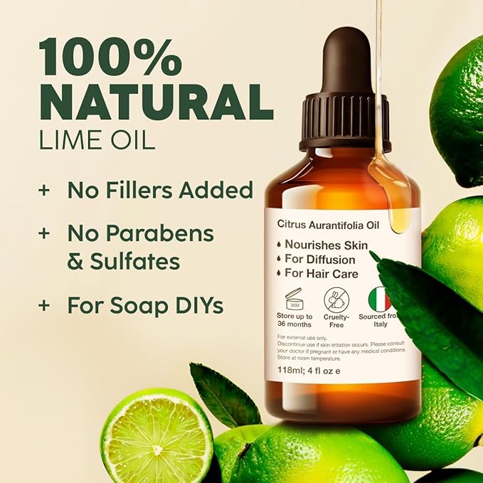 Kukka Lime Essential Oil for Skin - 4 Fl Oz - 100% Pure Natural Lime Oil for Diffuser, Hair, Candles & Soap Making Scent DIY
