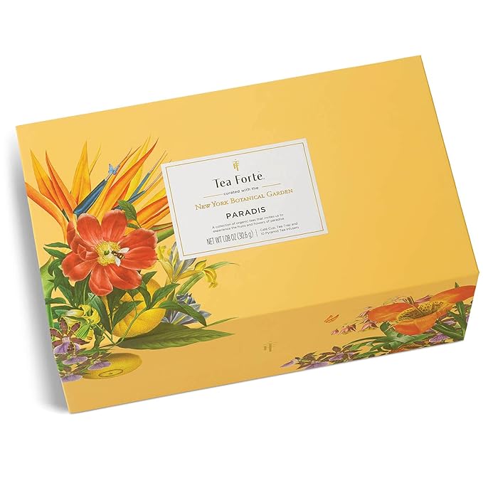 Tea Forte Paradis 3-Piece Mother's Day Tea Gift Set with Mango Yellow Cafe Cup with Lid, Tea Tray and 10 Assorted 2 of Each Variety Organic Handcrafted Pyramid Infuser Tea Bags