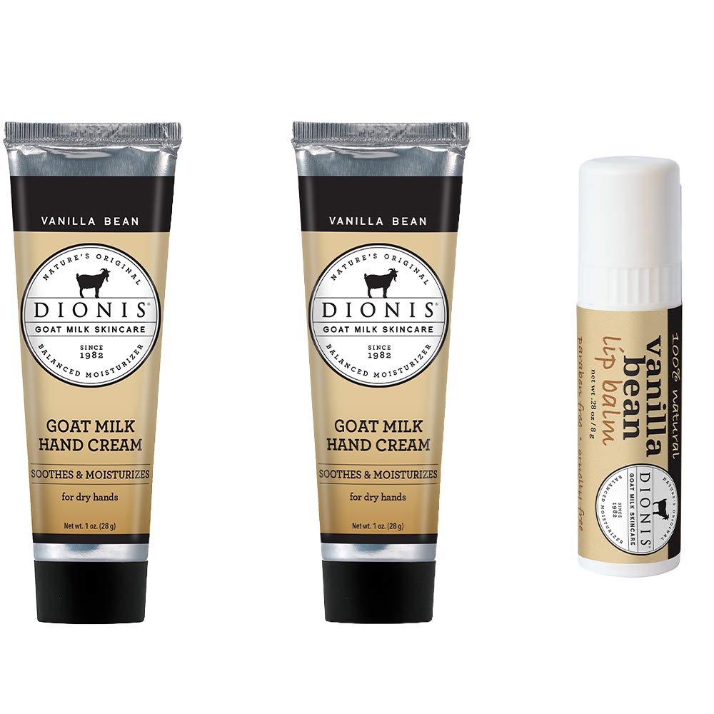 Dionis Goat Milk Hand Cream and Lip Balm 3 Piece Gift Set (Vanilla Bean, 3 Piece)