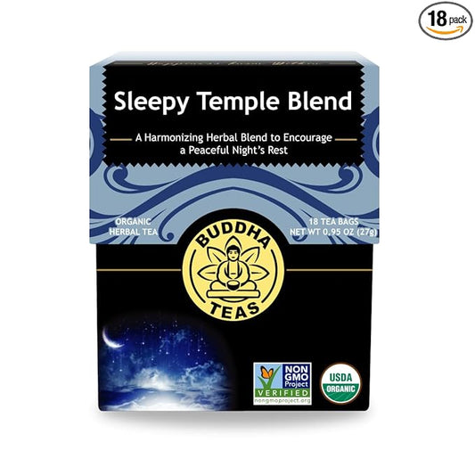 Buddha Teas - Sleepy Temple Blend - Organic Herbal Tea - For Health & Wellbeing - Blend of Herbs & Flowers - Clean Ingredients - Caffeine Free - OU Kosher & Organic - Non-GMO - 18 Bleach-Free Tea Bags