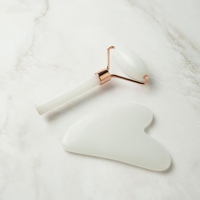 Earth & I White Jade Roller & Face Guasha Set 2pc, at Home Spa Essentials, Women Self Care, Face Tool for Lymphatic Drainage, Gua Sha Roller, Gusha, Facial Gua Sha Tool, Spa Accessories for Women