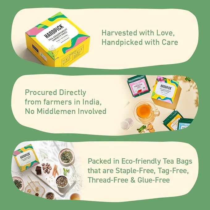 HANDPICK, Tea Bags Sampler Assortment Variety pack Gift Box 8 Flavors, 40 Tea Bags - Perfect Variety | English Breakfast, Green, Black, Herbal & More | Gifts for Him/Her