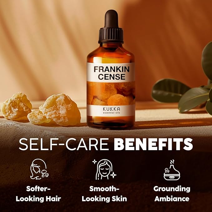 Kukka Frankincense Essential Oil for Face & Skin - 4 Fl Oz - 100% Pure Natural Frankincense Oil Made from Ethiopia Resin - A Holy & Woody Scent for Body Comfort, Aromatherapy & DIY Soap Making