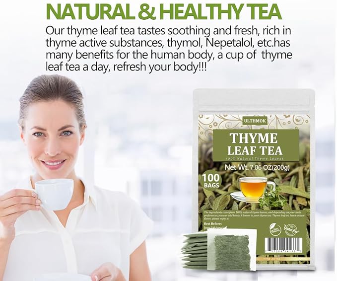 Premium 100 Thyme Leaf Tea Bags, Made with 100% Pure Thyme Leaves, Aid Digestion & Support Respiratory, No Additives & Caffeine Free。