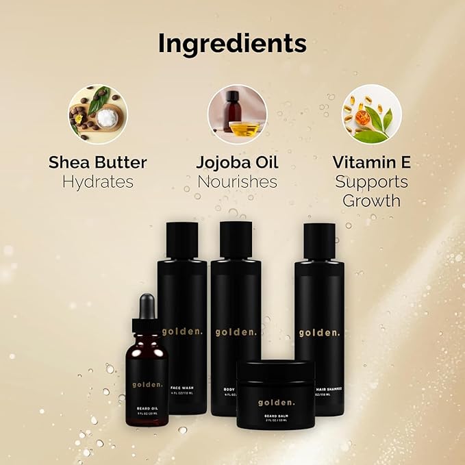 Golden Grooming Co. Everyday Grooming Bundle for Textured Hair & Melanin-Rich Skin | Essential Beard & Skincare Kit with Beard Shampoo, Face Wash, Beard Oil, Body Wash & Beard Balm