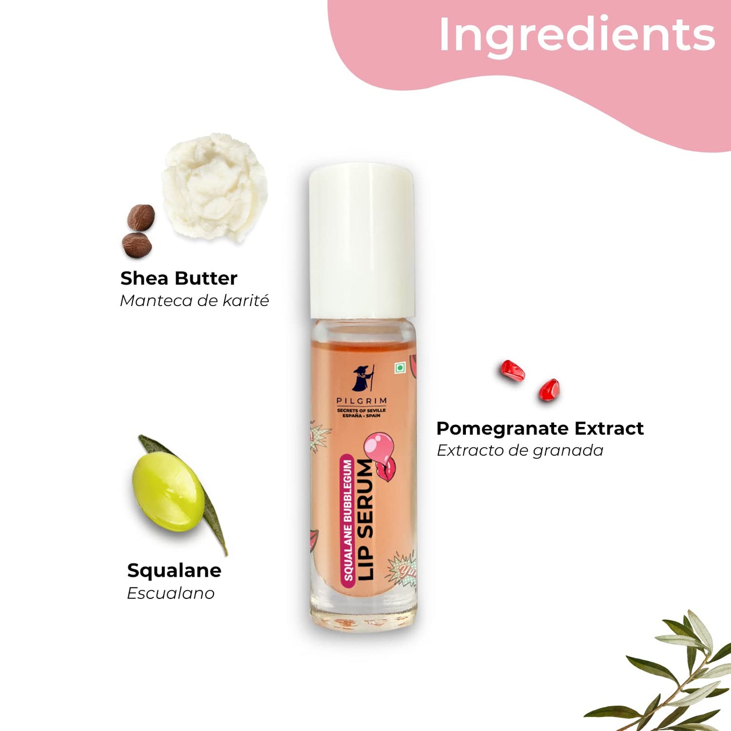 Pilgrim Squalane Bubblegum Lip Serum | Enriched with Shea Butter & Pomegranate Extract | Hydrating Lip Plumper Serum | Repairs Cracked Lips | Reveals Soft & Glossy Lips | 0.20 Fl Oz/6ml