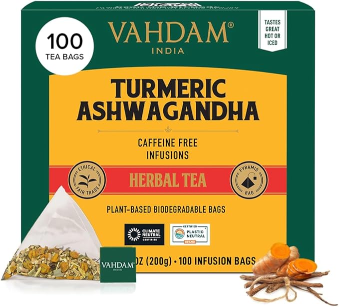 VAHDAM, Turmeric Ashwagandha Herbal Tea Bags (100 Count) Caffeine Free, Non GMO, Gluten Free | 100% Pure Herbal Blend - Sweet & Earthy | Whole Leaf Tea Bags | Resealable Ziplock Pouch