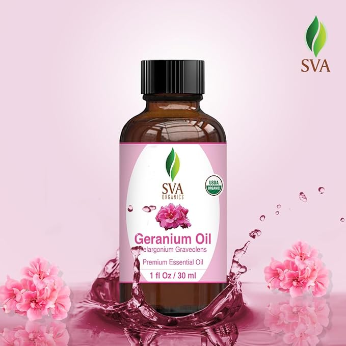 SVA Geranium Essential Oil Organic – 1 Fl Oz – 100% Natural Organic Geranium Oil - for Diffuser, Hair Care, Face, Skin Care, Aromatherapy, Scalp and Body Massage, Soap and Candle making – with Dropper