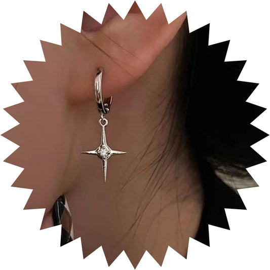 Punk Cross Star Dangle Drop Earrings Vintage Silver Hanging Rhinestone North Star Drop Earrings Minimalist Cross Star Dangle Huggie Small Hoop Earrings Jewelry for Women