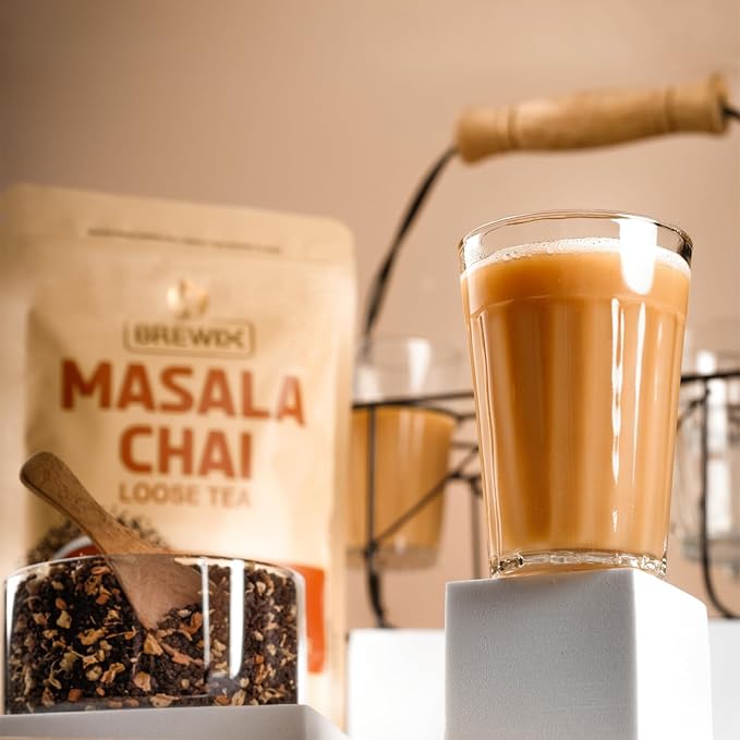 BREWIX, Masala Chai Tea Loose Leaf CTC TEA (50+ Cups, 3.53oz/100g) Strong Robust & Aromatic, All Natural | Blended with Exotic Spices | Ginger, Cinnamon, Cardamom, Clove & Black Pepper