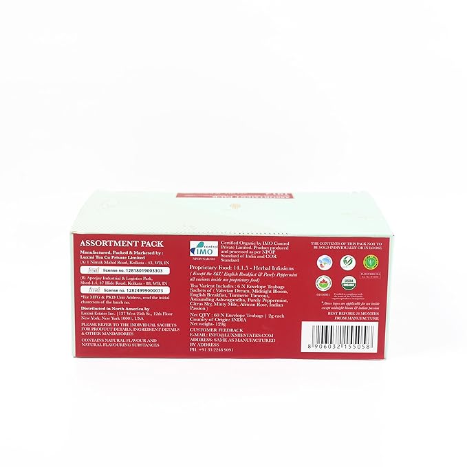 Luxmi Estates - Assortment Pack (60 tea bags *2g each)| 120g pack | Valerian Dream, Midnight Bloom, Turmeric Timeout, Astounding Ashwagandha, Purely Peppermint, Citrus Sky, Minty Mile, African Rose, Indian Passion