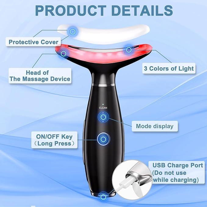 Face and Neck Beauty Device,3-in-1 Led Face Tool,Facial Massage for Skin Care (Black)