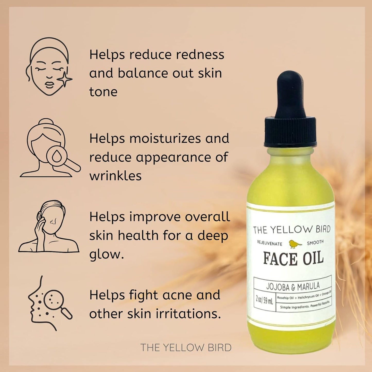 Yellow Bird Nourishing Face Oil - All Natural Hydrating, Anti Aging Facial Serum. Includes Jojoba, Marula, Primrose, & Rosehip for Restoring Skin