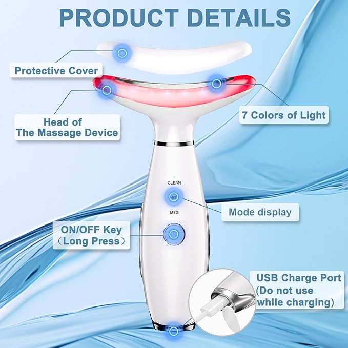 Facial and Neck Beauty Massager,7 Color Face and Neck Beauty Device with 3 Massage Modes,at Home Face Culpting Tool for Skin Care(White)