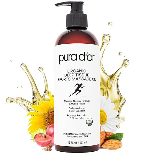 PURA D'OR 16 Oz Organic Deep Tissue Sports Massage Oil for Toned Sore Muscles - Jojoba Oil, Sunflower Oil, Almond Oil, Grapefruit Oil & Eucalyptus Oil - Alleviate Muscle Soreness