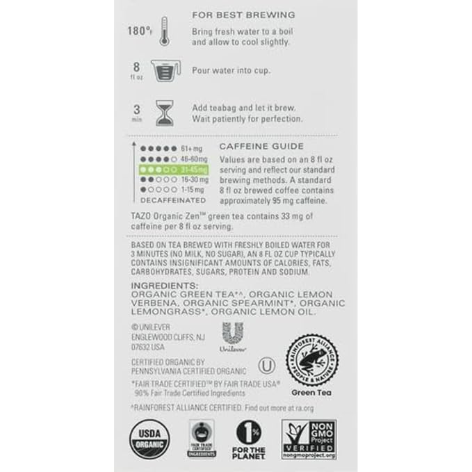 TAZO Organic Zen Green Tea, Caffeinated Tea with Refreshing Lemongrass & Spearmint, 16 Total Bags