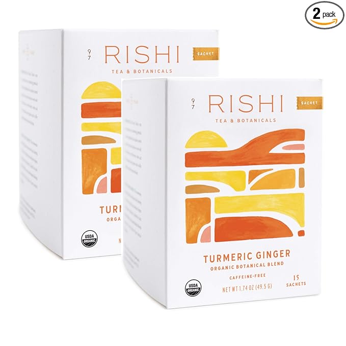 Rishi Tea Turmeric Ginger - Caffeine Free, Herbal Tea Bags, Ginger Turmeric Tea Bags, USDA Certified Organic, Turmeric and Ginger Tea, w/ Lemon, For 8-10 Oz Tea - 15 Sachets in Each, 2-Pack