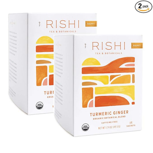 Rishi Tea Turmeric Ginger - Caffeine Free, Herbal Tea Bags, Ginger Turmeric Tea Bags, USDA Certified Organic, Turmeric and Ginger Tea, w/ Lemon, For 8-10 Oz Tea - 15 Sachets in Each, 2-Pack