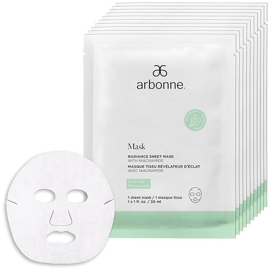 Arbonne Radiance Face Sheet Mask - Sheet Face Mask with Niacinamide for Dry and Dull Skin, Enhance Brightness, Tone, Smooth and Hydrate Skin - 10 Pack