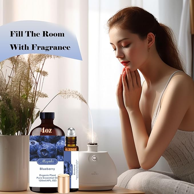 Blueberry Essential Oil- Blueberry Oil 4 Fl Oz & Roll On 10ML Essential Oil Set for Aroma Diffuser SPA Cleaning Massage Yoga DIY Candle Making DIY Soap Perfume Gift for Women