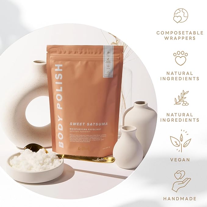 Body Polish, 8oz. - Fresh Lemongrass Scented Body Scrub Exfoliator for Women, Exfoliating Sugar Scrub To Lotion Moisturizer, Gentle Exfoliant for Dry and Sensitive Skin, Handmade in USA