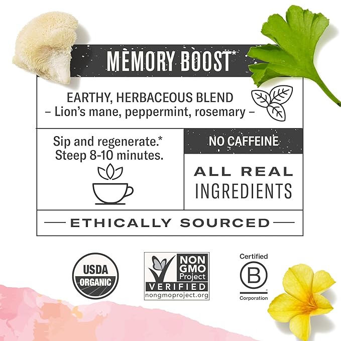 Numi Organic Damiana Focus Tea with Gingko, Lion's Mane & Hibiscus (Pack of 3), 16 Count Herbal Tea Bags