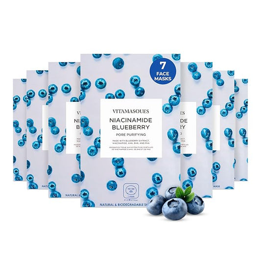 Vitamasques Niacinamide Blueberry Face Sheet Mask 7 Pack - Pore Purifying Korean Skin Care Sheet Face Mask Improves Uneven Skin Tone & Reduces Blemishes