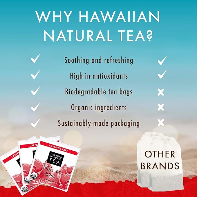 Hawaiian Natural Tea - Organic Hibiscus Bliss Herbal Tea, Caffeine-Free Hibiscus Tea, All-Natural and Antioxidant-Rich Wellness Tea, Vegan and Keto-Friendly, 60 Tea Bags