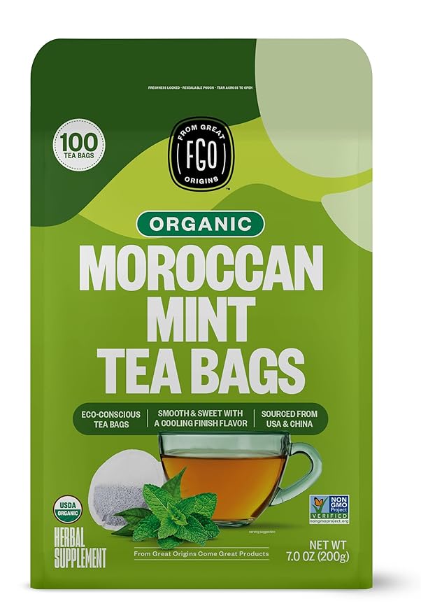FGO Organic Moroccan Mint Green Tea, 100 Count, Eco-Conscious Tea Bags, Resealable Bag, Packaging May Vary (Pack of 1)